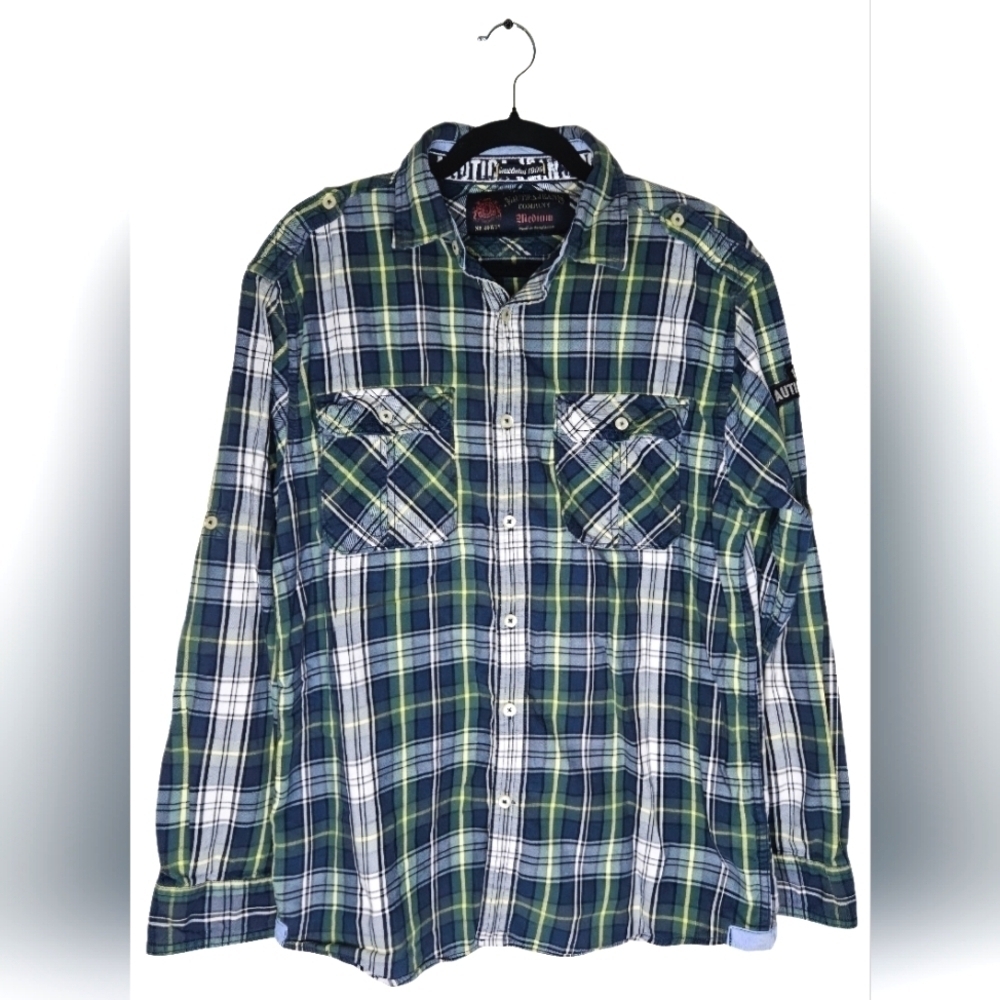 0070 Nautica Plaid Button Up Longsleeve Green Blue Fall Flannel Size Medium